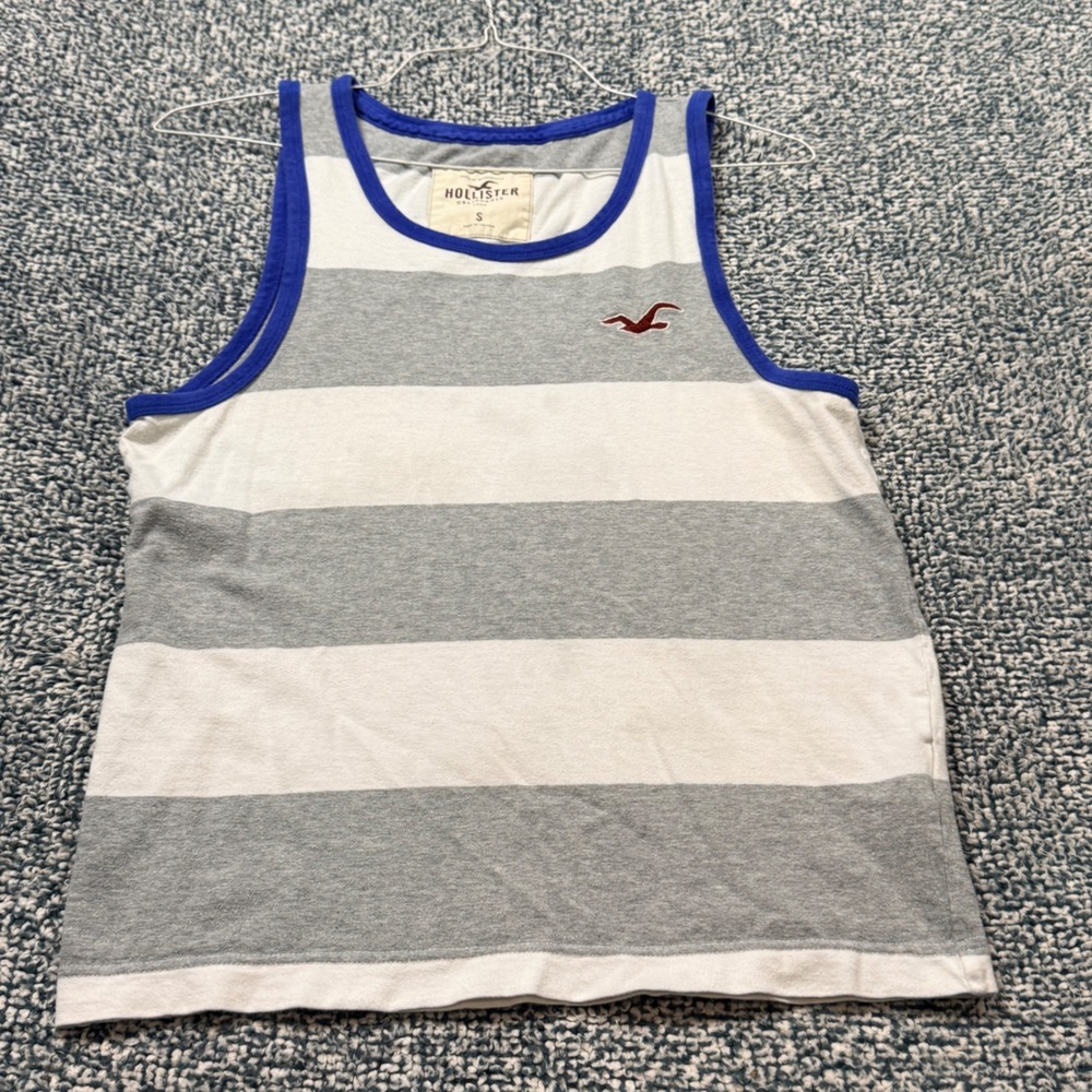 Hollister Mens Gray White Striped Tank Top Blue Trim Small Seagull Logo
